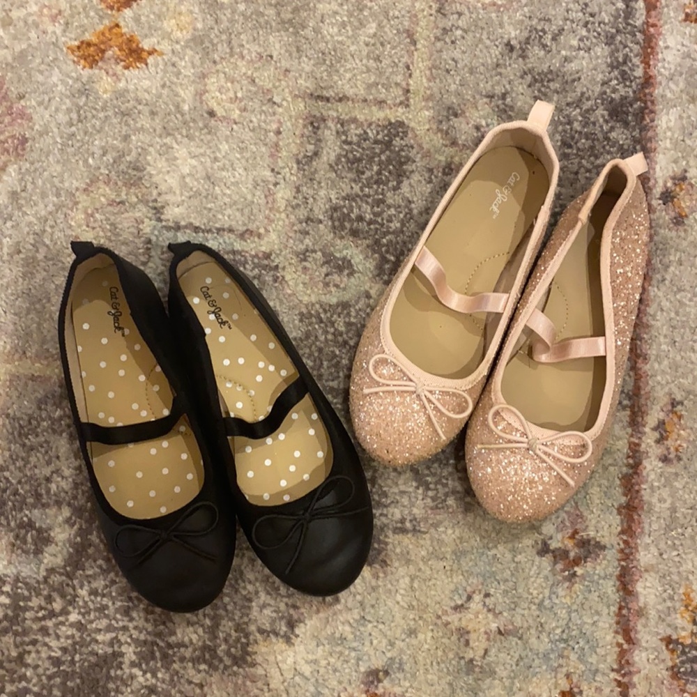 2 Pairs Ballet Flats - Black and Pink Glitter - Size 12